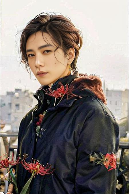 ck,Asian men,<lora:hanfu_v30Ming:0.3>,song style,song hanfu,standing collar,upper body, gold pifeng coat,
flower, red_flower, red_rose, spider_lily, bouquet, rose, holding_flower, camellia, hibiscus, city background, earrings, solo, jewelry, tulip, mole, brown_eyes, upper_body, holding_bouquet, orange_flower, looking_at_viewer, lips, short_hair, yellow_flower, black_hair
masterpiece, best quality,    <lora:ck2lora-000016:1>