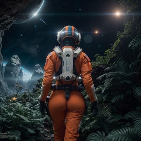 Masterpiece, highest quality, rear angle, Highly detailed photo of a (female space soldier wearing orange and white space suit, helmet, with tinted face shield, rebreather, accentuated booty), athletic body, big ass, [wide hips], (investigating a strange glowing alien artifact), on alien exoplanet, (mountains:1.1), (exotic rain forest), lush vibrant foliage, (two moons in the sky:0.8), (hyperdetailed, intricately detailed), background by Jessica Rossier, (sci-fi), during the day, (lens flare:0.5), (bloom:0.6), particle effects, (cinematic lighting:1.1), sharp shadows, ambient light, [bioluminescente], raytracing, photographed on a Fujifilm X-S10 Mirrorless Camera, 25mm F2.8 ultra-wide-angle lens, sharp focus, Cinestill 800T, still frame from Gravity 2013, 8k, HDR, from behind