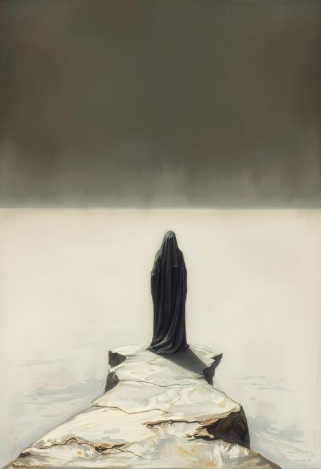 A ghostly figure standing at the edge of a salt lake, fading into the white emptiness
stylized figurative painting, Symbolist influences, muted yet rich color palette, dramatic chiaroscuro, elongated forms, emotional intensity, religious and folkloric themes, Gothic undertones, strong narrative composition, soft yet defined brushstrokes, harmonious balance of realism and stylization, allegorical storytelling, quiet yet powerful visual expression