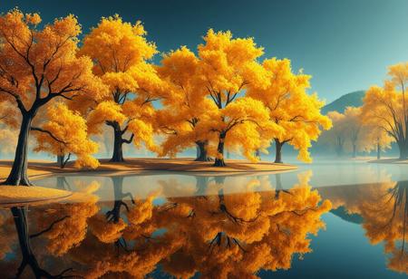 Stunning detail reflection of golden and orange katsura trees around a natural round lake, autumn, realistic, wide shot, art style of Studio Ghibli, magical, whimsical atmosphere, vibrant colors, beautifully lit, serene landscape