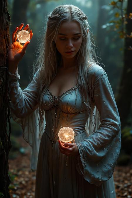 Setting & Atmosphere:
The scene takes place in the heart of LothlÃ³rien, in a dimly lit, ethereal environment with a mystical and otherworldly ambiance. The surrounding area is bathed in a soft, silver-blue light, giving it a dreamlike quality. The light seems to emanate from the trees and water around them.
Galadriel's Expression:
Galadrielâs face is calm and serene, but as she imagines the power of the Ring, her expression changes dramatically. Her eyes widen, glowing with an intense, almost otherworldly light, and her face contorts slightly with a mixture of temptation, power, and latent darkness. Thereâs a sense of immense power brewing within her, restrained yet palpable.
Her Transformation:
As she speaks, thereâs a visual transformation where Galadriel appears larger, more formidable, and otherworldly. Her skin takes on a shimmering, almost metallic hue, with silver and blue tones. Her eyes become brilliantly luminous, glowing with a fierce light that contrasts with the darkness around her. The lighting accentuates the sharpness of her features, giving her a more defined, almost statuesque appearance.
Clothing & Accessories:
Galadriel is wearing a long, flowing white gown made of a delicate, almost translucent material that glows faintly in the low light. The gown has intricate silver embroidery along the edges, with patterns resembling leaves and vines. Her hair is long, golden, and flowing, cascading down her back like a river of light. She wears a simple, elegant silver circlet on her head, adorned with a single white gem in the center.
Lighting & Shadows:
The light around Galadriel is both soft and harsh, creating a duality in her appearance. While her face and upper body are illuminated by a soft, ethereal light, her lower half and the surrounding area are cast in deep shadows, emphasizing the contrast between the light and dark aspects of her character in this moment. The shadows move and flicker subtly, adding to the eerie, powerful atmosphere.
Background Elements:
Behind her, the ancient trees of LothlÃ³rien loom tall, their twisted branches reaching out like dark tendrils. The leaves glisten as if covered in dew, reflecting the faint light. The water in the background is calm, reflecting the soft light of the scene, adding to the mystical feel.
Her Aura:
During the transformation, Galadriel emanates a powerful aura that seems to ripple through the air around her, distorting the space slightly. The air seems to shimmer with energy, and thereâs a sense of awe and dread as she imagines herself as the Dark Queen. The colors around her become more intense, with deep blues, silvers, and blacks dominating the scene. <lora:add-detail-xl:1> <lora:extremely_detailed:1> <lora:Flux-style-xl-lora:1>