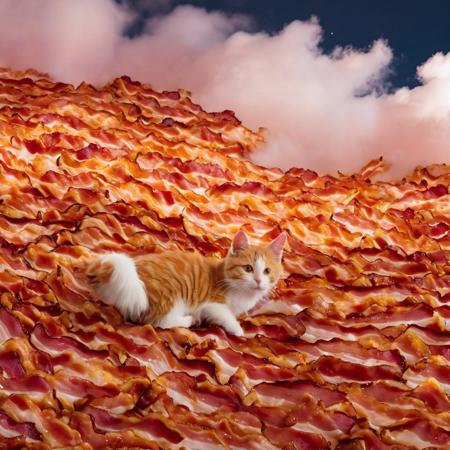 bacon fur, bacon, bacon sky, bacon clouds, detailxl, score_9, score_8_up, score_7_up, score_6_up, score_5_up, NightScapes,A macro shot of an adorable cat made out of bacon soaring through the swirling clouds at night, its wings flapping lazily under flight as it explores a bacony landscape above. <lora:Fractangles:0.85>, 4k, masterpiece, bacon, psychadelic, made out of bacon