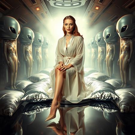 tall slender  elegant slavic lady in  vintage sheer dressing robe and   high heels, sits   at   floating  mirror disk, surrounded by   foil pillows,  alien stasic tubes with encased beauties at background, sci-fi, scifi, mind control,  slave collar, steel, foil, fog,   hypno,  romance, poison, lipstick,  long hair, heavy makeup,   1950s hairstyle, red nails,   long hair, green eyes,  sharp cheekbones, ultra thin waist , mysterious,  alien spaceship,   space, radiating, laser, dramatic lighting, ral-alufoil