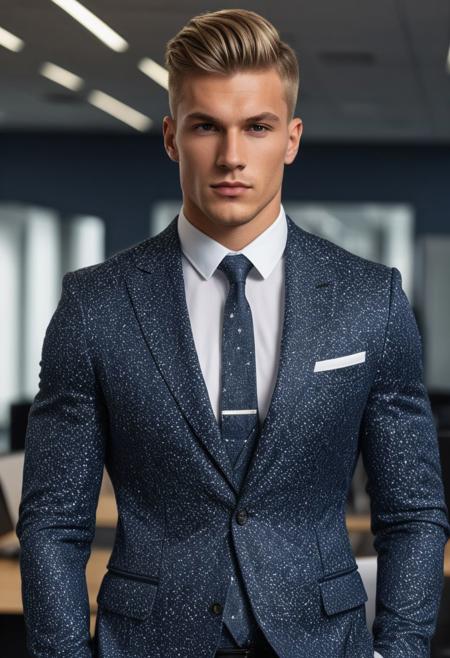 a strong 22-year-old german hunk bodybuilder male, with a fringe up undercut hairstyle, detailed face, mindless expression,  wearing a NAVY-BPLUE suit with silver patterns, wearing pants,  on a modern office, standing at attention pose, looking at viewer, portrait, photography, detailed skin, realistic, photo-realistic, 8k, highly detailed, full length frame, High detail RAW color art, diffused soft lighting, shallow depth of field, sharp focus, hyperrealism, cinematic lighting