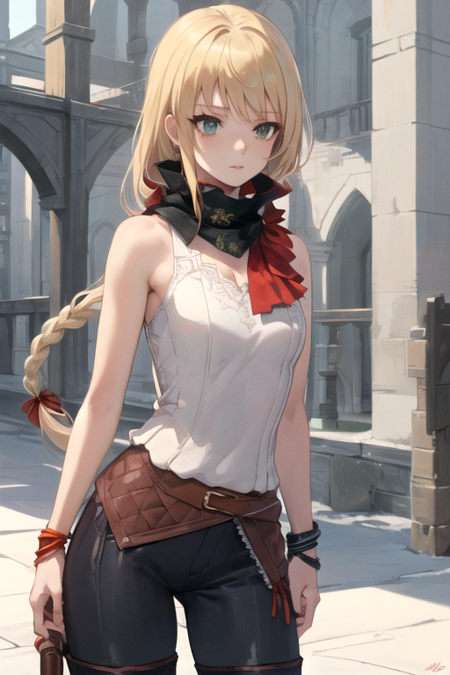 MidadolFF, 1girl, solo, very long hair, blonde hair, white shirt, bare shoulders, jewelry, medium breasts, green eyes, hair ribbon, single braid, sleeveless, belt, black pants, red thighhighs, black scarf, red scarf, bracelet, red ribbon, 