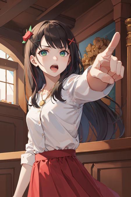 (masterpiece, best quality:1.2), <lora:aa_dp-11:1.0>, solo, 1girl, open mouth, looking at viewer, objection, pointing, long hair, x hair ornament, green eyes, white shirt, pendant