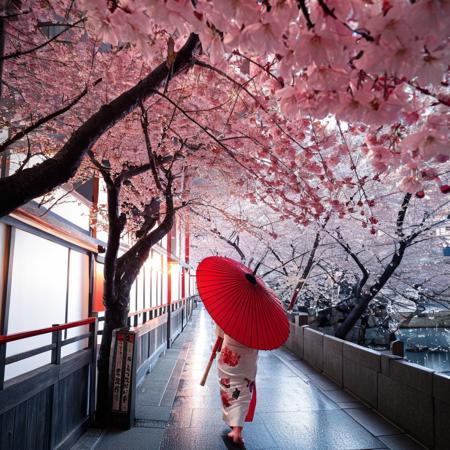 radiant darkness, 1girl, cherry blossoms, tree, japanese clothes, oil-paper umbrella, reflection, scenery, red umbrella, outdoors, building, holding umbrella, bridge, petals, road, from behind, standing, white kimono, city, architecture, black hair, sky, power lines, water <lora:Radiant_Darkness:1>