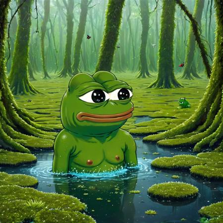 A land full of slime moss stagnant water and insects, (((pepe_frog))), 1 boy <lora:pepe_frog SDXL:1.2>