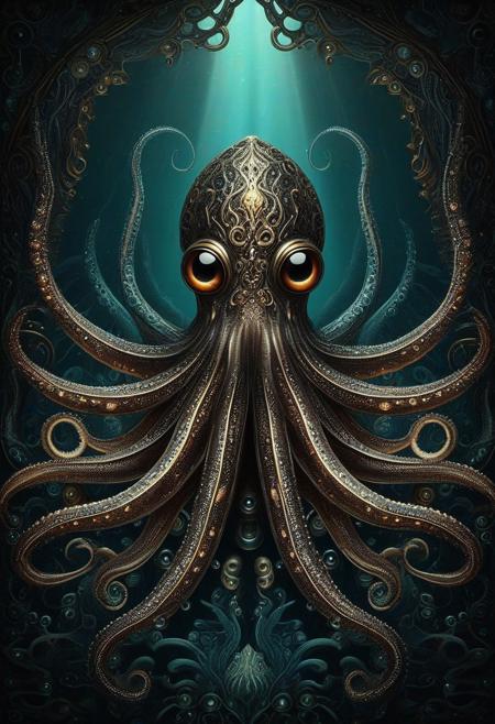 squid, intricated background, artistic, portrait, look at the viewer, rating safe, fantasy background, deep sea, daark, shadows, RetroBG