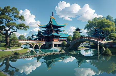 scenery, tree, sky, architecture, east asian architecture, outdoors, no humans, cloud, day, water, reflection, blue sky, building, pond, river, bridge, grass
 (Masterpiece: 1,2), best quality, masterpiece, high definition, original, extremely detailed wallpaper, soft light
<lora:Antique sceneV2:0.8>