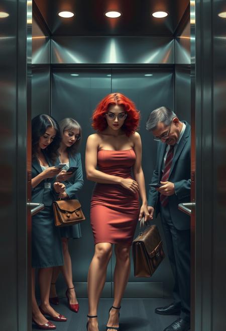 (masterpiece), best quality, expressive eyes, perfect face, sharp eyes, digital painting, voluminetric lighting, metallic reflections, 8k.
(((huge breasts))),red curly hair, round glasses,((shy))
The elevator jolts as the doors slide shut, trapping six people inside. The air is thick with the scent of stale coffee and body odor. A group of strangers stand in various positions: two women staring blankly at their phones, a middle-aged businessman tapping away furiously on his laptop, and three men leaning against the wall, lost in thought.
As the elevator descends, one of the men suddenly turns to face the woman closest to him. She's a petite brunette wearing a pencil skirt and high heels, clutching a leather briefcase tightly by her side. His eyes linger hungrily on her curves before he takes a deep breath and makes his move. Without warning, he reaches out and grips the fleshy mound beneath her skirt, squeezing it firmly.
She gasps, flinching involuntarily, but quickly regains her composure. Her face reddens slightly as she tries to ignore the violating touch, refusing to acknowledge the perpetrator. Meanwhile, the other passengers seem oblivious to what has just happened, engrossed in their own worlds.