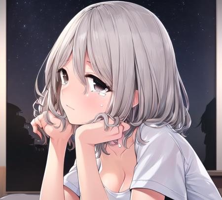 (((highly detailed, extremely detailed CG unity 8k wallpaper, illustration, highres, absurdres, beautiful detailed eyes, finely detailed breasts, highly detail hair)), ((masterpiece))
((beautiful detailed eyes)),
1girl, solo, night, sky, profile, star \(sky\), night sky, shirt, black eyes, head rest, tears, medium hair, starry sky, grey hair, from side, silhouette, blush, upper body, white shirt, hands up<lyco:laopo-000010:1>