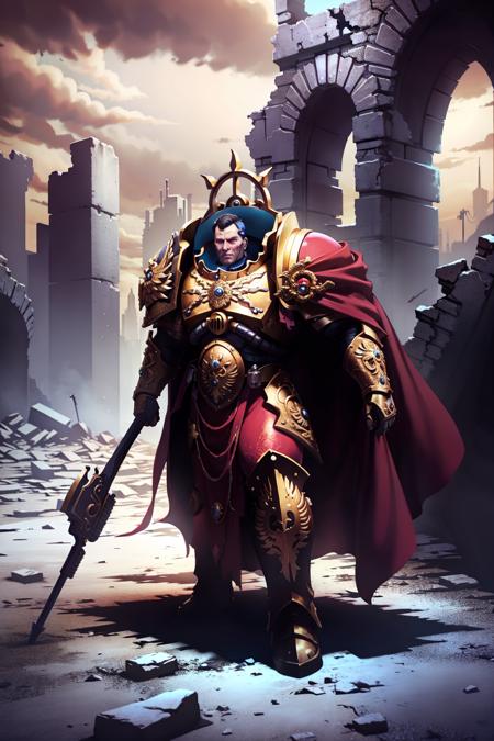 Photo of custodes, valoris  in a desolate landscape with short hair wearing intricate ornamented metallic armor, with an axe, full armor, cape, 
(1man:1.1), (big pipe:1.1), a ruined city looming in the distance. ascended
 <lora:Custodes MK1 by CARAXES:0.8>