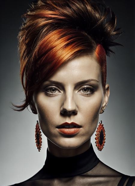 portrait of sks woman by Flora Borsi, style by Flora Borsi, bold, bright colours, orange Mohawk haircut, ((Flora Borsi)), <lora:locon_andreaparker_v1_from_v1_64_32:1>