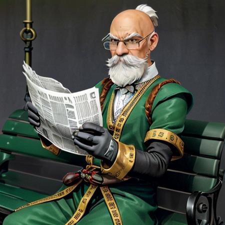 (((a man is sitting on a bench reading a newspaper))) <lora:KnolanBattleChasersLora:0.7> 1boy, male focus, facial hair, beard, mustache, old man, white hair, glasses, bald, gloves, staff, Highly detailed,masterpiece, best quality