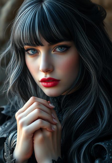 Mystic-dark queen, woman with jet-black and silver hair, fantasy adventure style with cute elements, clutching a tiny, radiant ruby, highly realistic with intricate details, pastel color palette, dramatic composition, ultra-realistic, wide-angle, sharp focus, moving background blur, glistening, asymmetrical hair texture