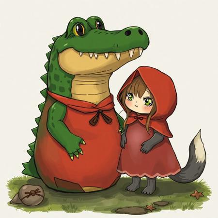 a crocodile matryoshka doll and the little shy red riding hood wolf girl, no humans, anime style