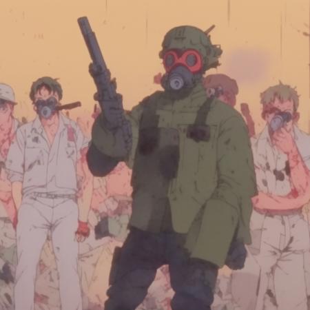 a man in a gas masks holding a gun, art by (akira3:1),