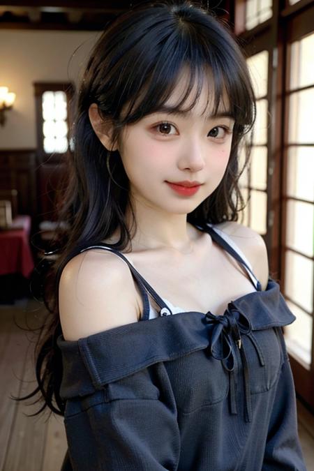 best quality, face focus, soft light, (depth of field) ,ultra high res, (photorealistic:1.4), RAW photo, (portrait:1.4) ,(from front) 1japanese girl, solo, cute, (shy, smile:1.1), (brown eyes), detailed beautiful face, (midi_hair), The Great Hall of a European Castle, walking, (off shoulder shirt) , <lora:zqc:0.7>