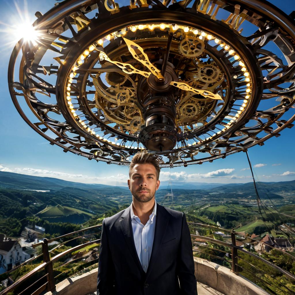 long shot scenic professional photograph of A surreal portrait of a man whose face is a spinning, glowing clock, with the hands ticking rapidly as his features blur and stretch. His body is made of countless, glowing clock gears and mechanisms, each one spinning and clicking in perfect harmony. His eyes are glowing clock faces, constantly rotating as the seconds pass. His hair is made of glowing clock hands that tick in all directions, rotating at different speeds. Behind him, the background is a vast, dreamlike landscape of floating clock towers and spinning gears, where time bends and warps., perfect viewpoint, highly detailed, wide-angle lens, hyper realistic, with dramatic sky, polarizing filter, natural lighting, vivid colors, everything in sharp focus, HDR, UHD, 64K