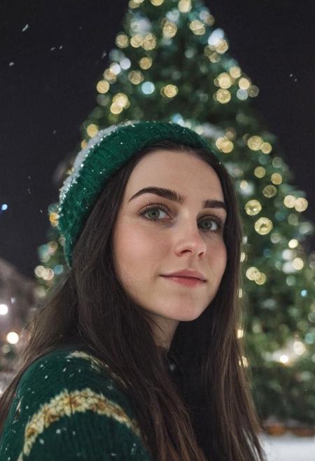 instagram photo, photo of a gorgeous 25 y.o woman, green eyes, raven hair, long straight hair, happy, cheery, wearing a christmas sweater, wearing a christmas hat, mesmerized by a giant christmas tree, on a big city square, at night,  snow, natural skin, skin moles, skin pores, goosebumps, high detailed, (cinematic, film grain:1.1)