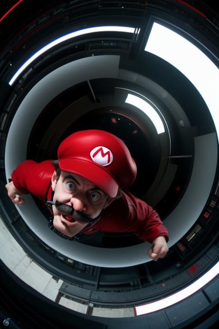 Mario! Mario is an Italian-American plumber with a thick handlebar mustach, Mario is wearing bright blue coveralls, a red shirt, and a red cap ((his red cap has a white circle on the front and in the white circle on the red cap is the letter "M". 
: Breathtaking cinematic photo, frightening and dramatic photograph, terrifying Getty Images, disturbing fisheye view lit from the ground, experimental angles