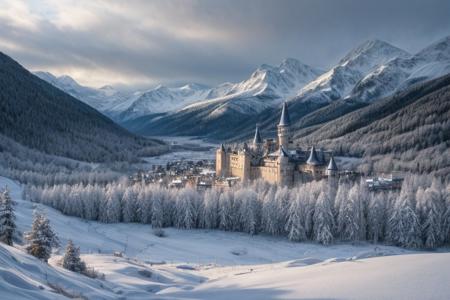 landscape, magic castle- city in mountains, snow, snowing, morning haze, winter,