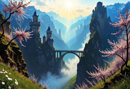 towers ringed in mist, sunrays, mixed media, flux-style, surrealism, fantasy, great lighting, A surreal landscape highly detailed, extremely high-resolution details, appears trapped in an optical illusion of reflections and refractions, colorful, Spring, cherry blossoms in the wind, sweeping vistas, majesty, spring blooms, (Zhangjiajie mountains:1.5),  (((Paris in contemporary France, baroque architecture, European architecture, German Renaissance towers))), (stone arch bridges:1.05), winding rivers extending to the horizon, professional photography, natural lighting, volumetric lighting maximalist. vivid, vibrant colors, intricately detailed, (psychedelic colors, psychedelic colors:1.15), complex, elegant, expansive, fantastical, film photography style, medium grain, cmnt
 (8k uhd:1,4)
 <lora:add-detail-xl:1>
 <lora:Dynamic Poses:1>