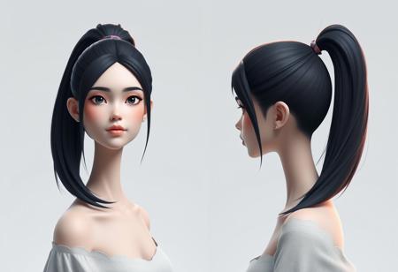 semi-realistic, digital art, split views of front view and side view,reference images of beautiful 3d girl with high ponytail hair, simply background , portrait,headshot