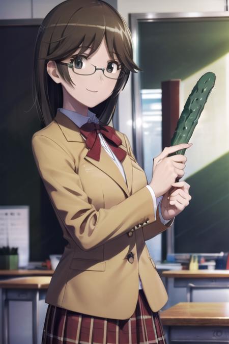 (extremely detailed CG unity 8k wallpaper), (masterpiece), (best quality), (ultra-detailed), (best illustration), (best shadow), (absurdres), 1girl, solo, <lora:nene:0.8>, nene todoroki, school uniform, plaid skirt, jacket, looking at viewer, classroom, smile, holding, cucumber