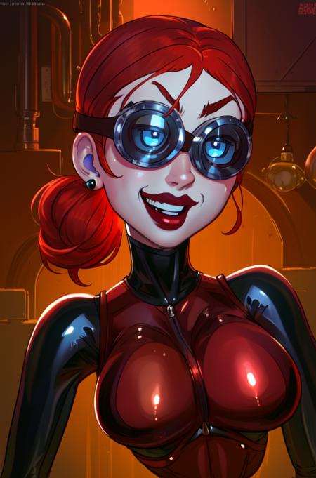 Ghastly,red hair,gloves,large goggles,blue eyes,hair bun,red lips,
standing,upper body,grin,looking at viewer,
elbow gloves,red bodysuit,latex,teeth,
evil lab,science fiction,
(insanely detailed, beautiful detailed face, masterpiece, beautiful detailed eyes, best quality),<lora:MajorDrGhastly:0.9>,