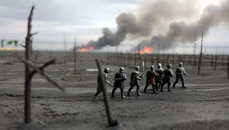 miniature diorama scene, a group of toy knights moving through a muddy landscape. The landscape has dead trees scattered in the foreground and background. The sky is grey and cloudy, with smoke and fires in the distance. The color of the scene is muted.