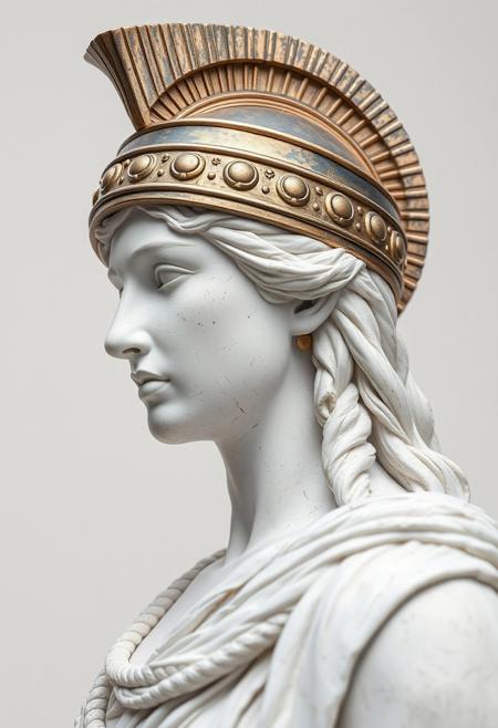 side view of Athena Pallas the ancient greek Goddess, she wears a greek helm, masterpiece, best quality, high quality, hyper detailed, high res, intricate detail, HDR, 8k, sharp focus, detailed background, realistic white smooth stone surface, detailed skin texture, realistic, white background