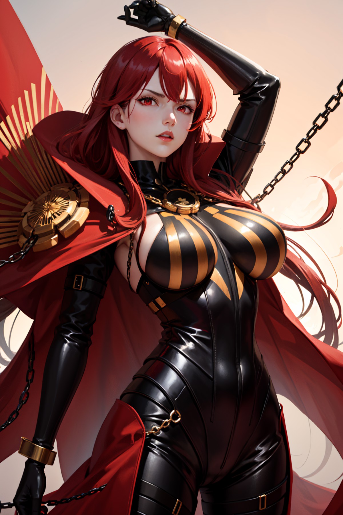 <lora:oda-10:1>,oda_biig,large breasts,red eyes,black bodysuit, red hair,chain,collared cape