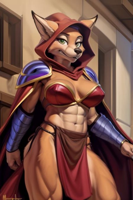 Kinnianne fox red cloak, loincloth, armor, chestplate muscular female