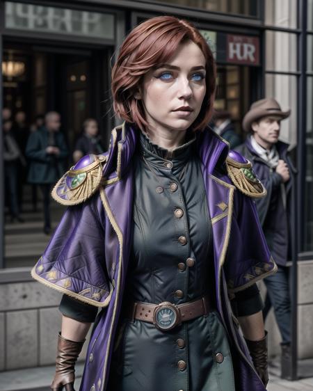 masterpiece, best quality, colorful, detailed, intricated, rysina, red hair, medium shot, green military dress, unbuttoned, walking, cowboy shot, purple military coat, black gloves, 1girl, frontal view, bob haircut, blue eyes, <lora:rysina-000012:0.7>,  <lora:add_detail:0.75>