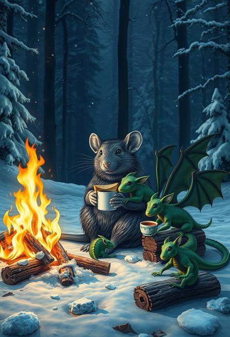A surrealistic big rat sitting nearby  a  big campfire and  eating a sandwich with cheese  and holding a cup of tea, sitting with a group of little green dragons with dark green wings , with details, snow, snowy night, winter forest, vivid colors, details seen under an electron scanning microscope
