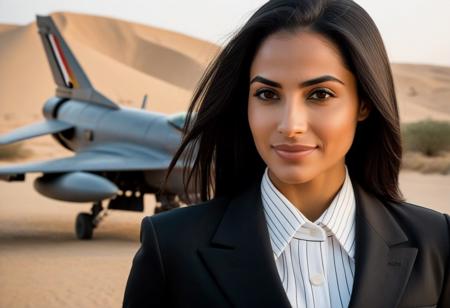 (masterpiece, best quality, ultra detailed:1.2), realistic photo, stunning 30yo Egyptian-Canadian woman, 1girl, solo. Oval oblong face, strong jawline, resilient, sincere. Almond-shaped, slightly wide-set deep brown eyes, warm undertones, vigilant, emotional depth. Thick, bold, angled eyebrows, intense expression, soft raise in thought/sympathy, low on brow, no-nonsense air. Straight, prominent nose, balanced width, strong profile, dignified. Medium-full lips, subtle genuine smile, face lit with warmth. Warm brown skin, smooth, even-toned, sun-kissed glow, strength, natural beauty, Egyptian heritage, outdoor combat life. Straight jet-black hair, shoulder-length or tied back, simple, no-fuss style, practical, striking, military look. Security chief, wearing Black Suit: jacket, trousers, white button-up dress shirt (point collar, long sleeves, one breast pocket, button front), striped silk knitted black tie (2.36" width), black high-heeled dress shoes. Torso body armor. Futuristic mini rocket launcher. Stoic, disciplined, strong moral compass. Resolute, focused, trustworthy face, soldier’s edge, daughter’s depth, weight of legacy, strength from heritage, forged through choice. Futuristic theme, activity, matching background.