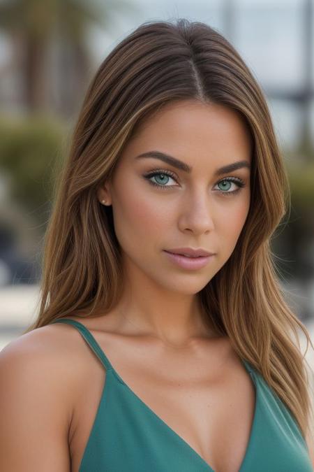 a close up shot of a beautiful girl, realistic green eyes, blue dress, sport