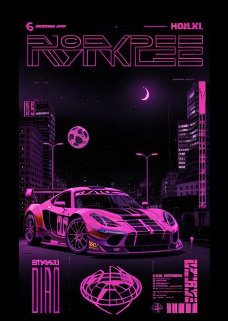 colorful holographic metallic acid poster of (racing car in a city at night scenery), (text, logos, lettering), ((best quality)) , <lora:acid 3:1>