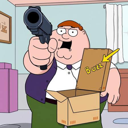 high quality, Family Guy, (((Peter Griffin))) with a gun pointing at the viewer, in his other hand he has an open box with an arrow pointing at it that says "Buzz"