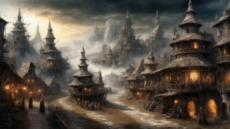 in front of a fantasy village  in the style of art brut painting  , cinematic lighting and global illumination Motion Blur , , fluid Luis Royo ,