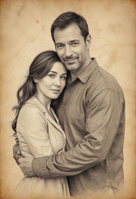 iink illustration on parchment, masterpiece, high resolution, portrait, full length, handsome 45 year old man and beautiful 40 year old woman, focus on eyes, various poses, face to face, hugging, cuddling