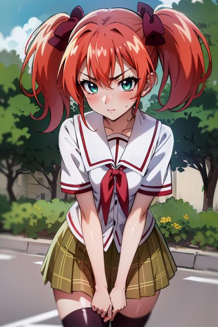 1girl, solo, shuzen kokoa, red hair, short hair, twintails, hair bow, green eyes, small breasts, school uniform, red shirt, short sleeves, white sailor collar, pink ribbon, plaid skirt, black thighhighs, panties, pantyshot, (blushing, jitome, v-shaped eyebrows:1.25), (outdoors, school grounds:1.35), (masterpiece:1.4), (best quality:1.1), (absurdres:1.0), (intrincate), (full sharp), (extremely detailed:1.25), (exquisite details), (sharp details), (high definition), (anime, anime coloring:1.45), <lora:Shuzen Kokoa (Rosario + Vampire):0.7>