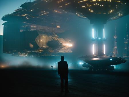 (masterpiece, professional photorealistic photograph), silhouette of a man on a motorcycle on a dirt road at night, background Startrek spaceship USS Enterprise under construction,  professional photography,  dimly lit, bad lighting, cinematic shot, maximalist, 8k resolution, (elegant:1. 1), expansive, <lora:more_details:1>, DSLR, F/2. 8, vibrant