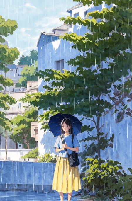 rain, tree, solo, umbrella, 1girl, skirt, outdoors, black hair, traditional media, bag, holding, long hair, holding umbrella, backpack, shirt, long skirt, blue theme, nature, standing, yellow skirt, painting (medium), scenery, best quality  <lora:watercolor imagerya:0.78>