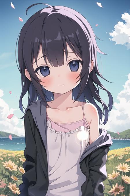 1girl, solo, long_hair, blush,  hood, simple_background, eyebrows_visible_through_hair, off_shoulder, black_hair, ahoge, bangs, collarbone, camisole, hooded_jacket, closed_mouth,lens flare,dramatic,coastal,flying petal,flowery field,sky,sun,field,gingerbread house,masterpiece,best quality,