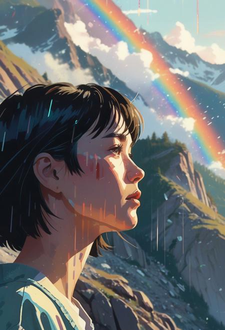 A profile of a face fragmenting into rainbow-glitched fragments over a mountainous backdrop—a psychedelic distortion of portrait and terrain. Painterly, cinematic style with soft brushstrokes and moody atmosphere, inspired by Pascal Campion and Makoto Shinkai. The art style is clean and graphic, with a slightly minimalist composition, muted color pallet, retro cel-shading, vintage halftone, and crisp line work, reminiscent of nostalgic anime with grainy halftone texture and subtle softness evocative of 80s/90s Japanese animation, with some similarities to vintage European poster art.