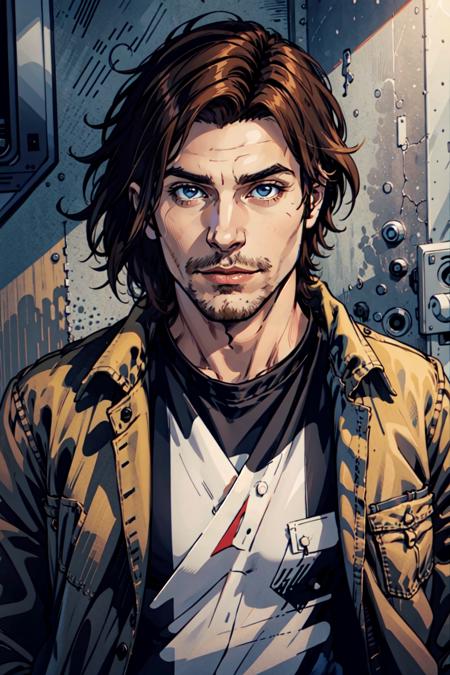 Michael Renne X'voor,  solo,  brown hair,  shirt,  1boy,  jacket,  upper body,  male focus,  facial hair,  denim,  stubble, <lora:EMS-45455-EMS:0.400000>