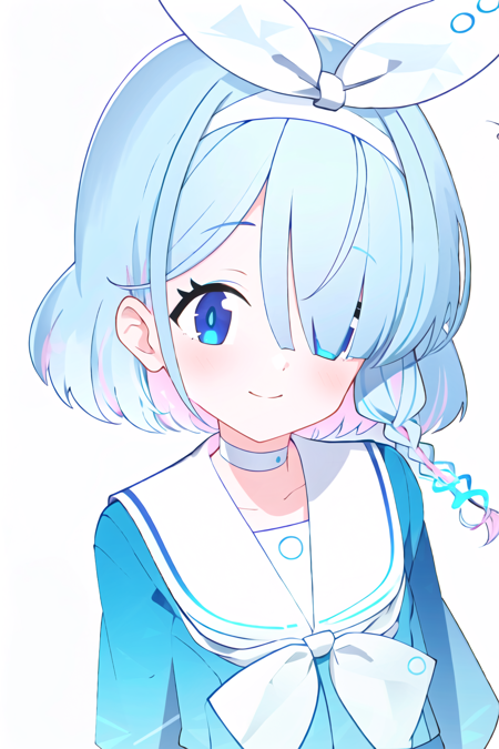 arona, 1girl, white hairband, bow hairband, halo, short hair, single braid, school uniform, blue shirt, white sailor collar, long sleeves, white bowtie, white choker <lora:aronaBlueArchive_v1:1>, smile, closed mouth